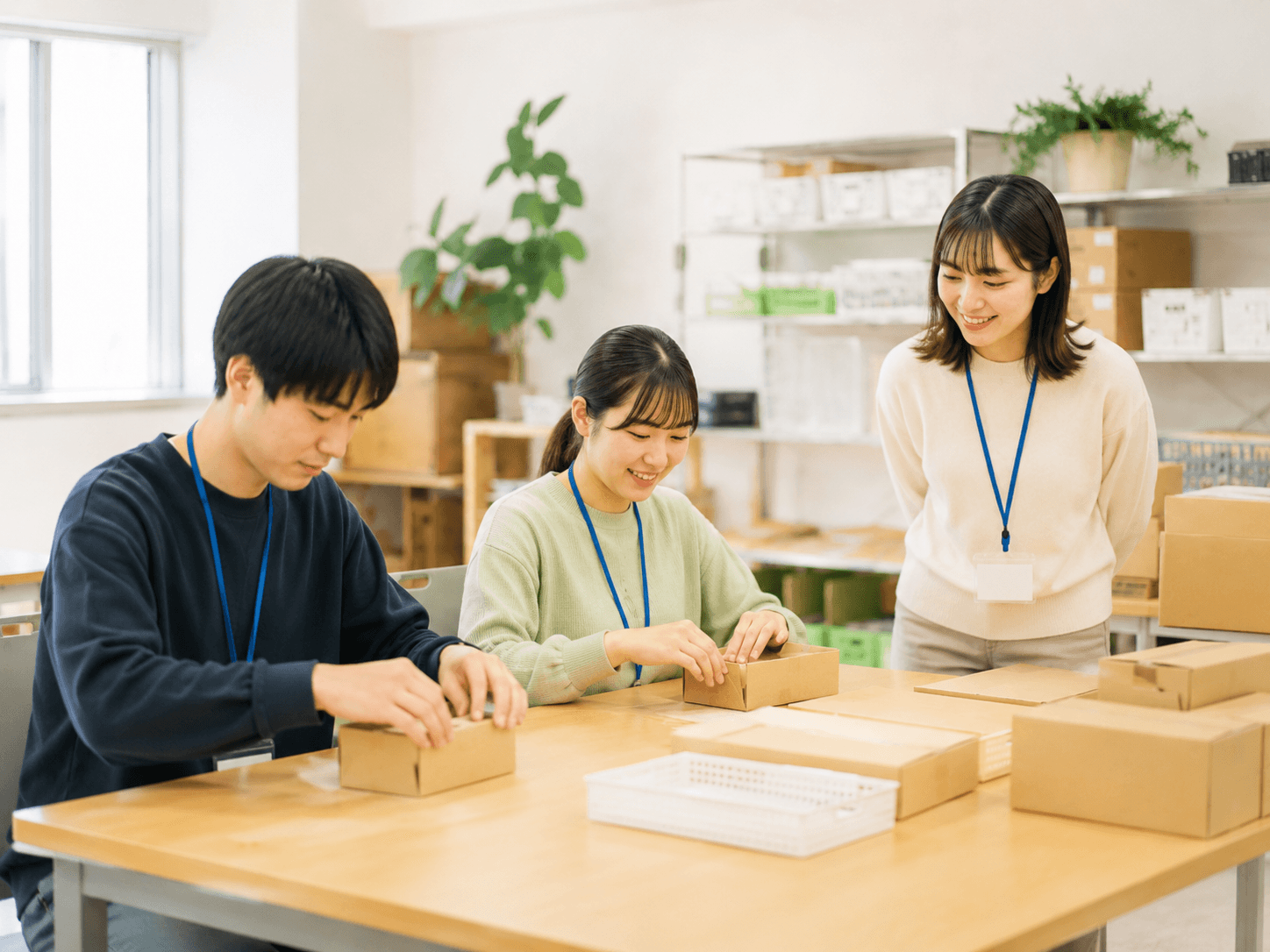 朝礼や相談を行う作業風景