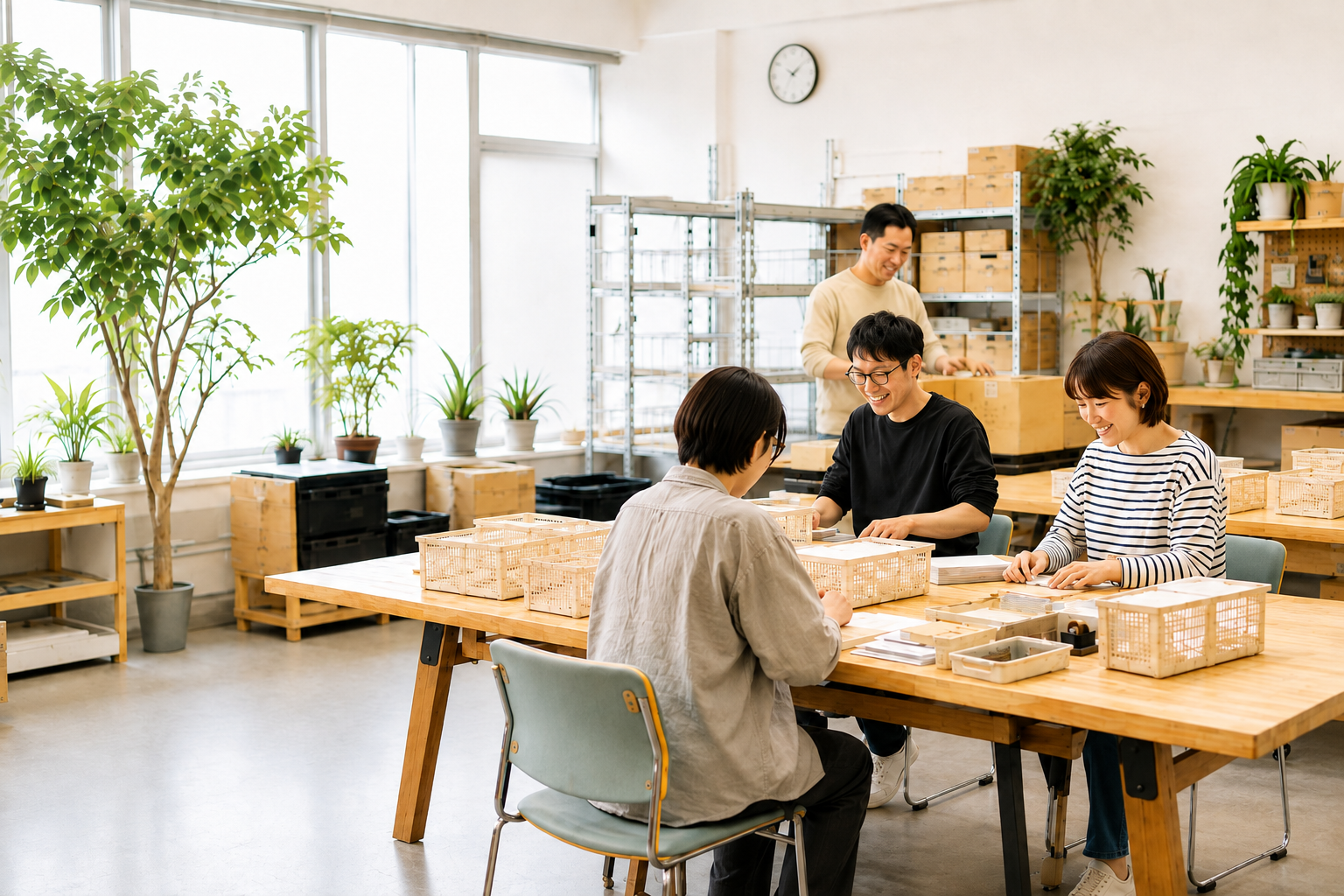 明るい作業スペースで、複数人が梱包や仕分けの作業に取り組む様子